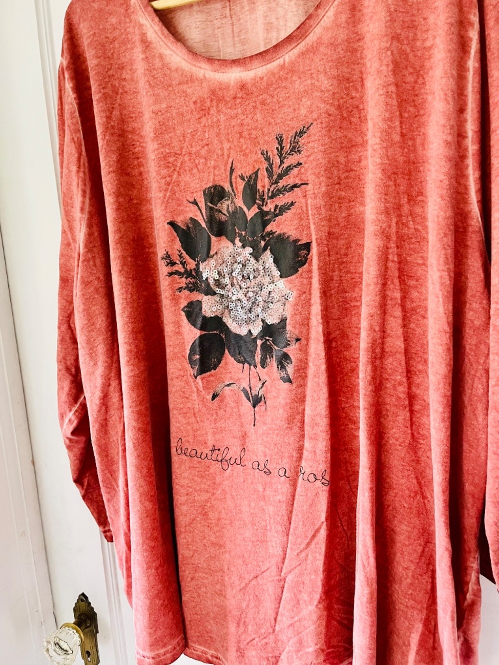 Ulla Popken Rust Pink Floral 3/4 Sleeve Tee Top Plus Size 28/30 Sequin Rose Boho - Picture 3 of 9